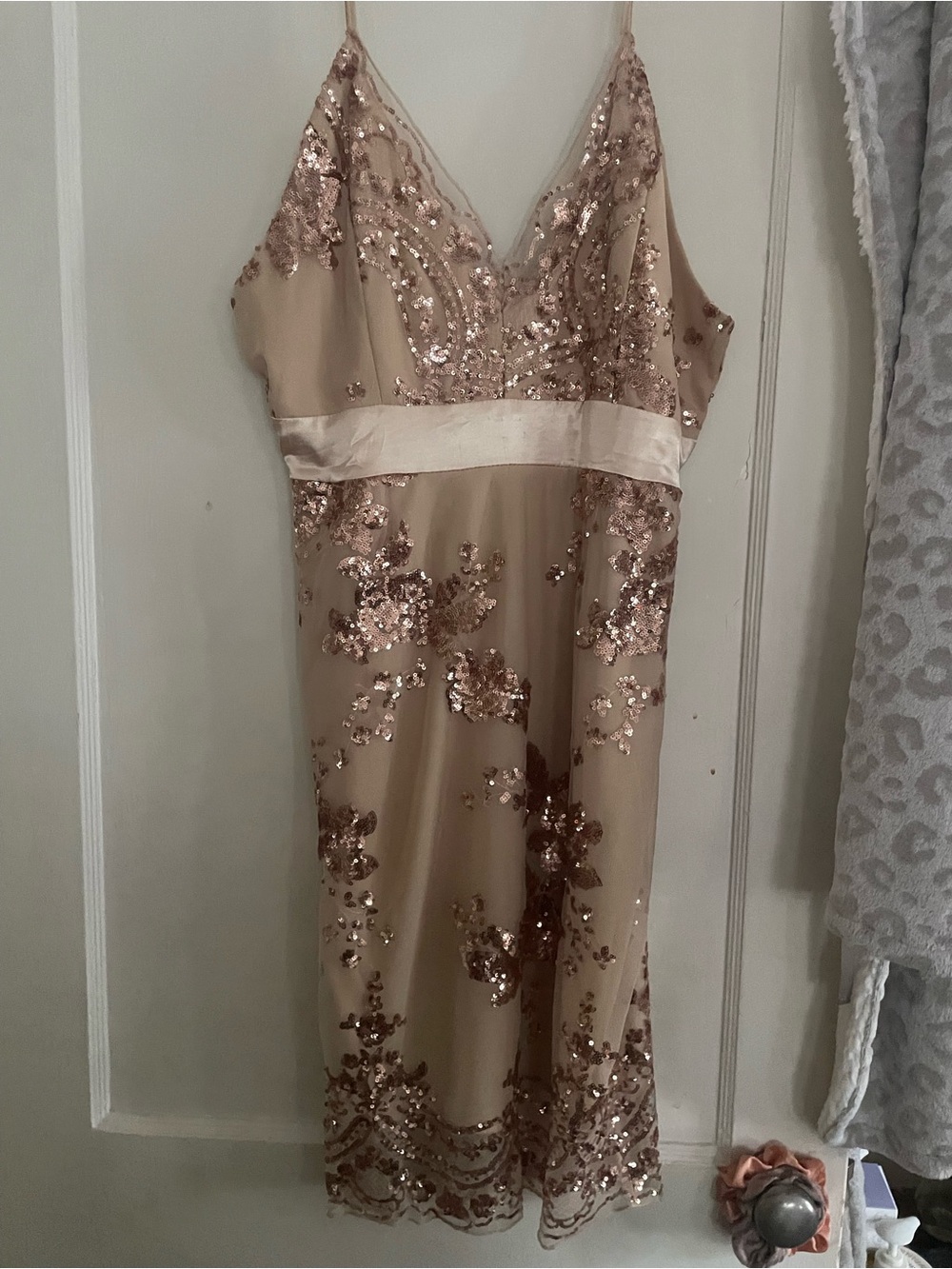 Beige Sequin Slip Dress with Rose Gold Embellishment
